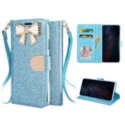 Ribbon Bow Crystal Diamond Wallet Case for Apple iPhone 11 (LightBlue)